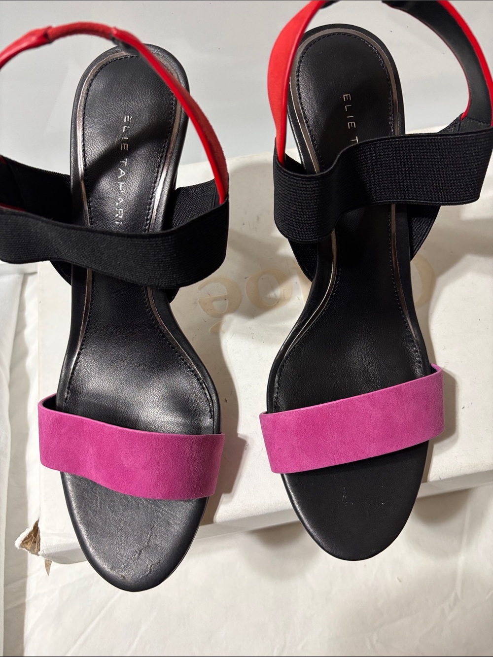 Elie Tahari Black Sandals with Pink Suede Toe Strap and Red Sling. NWOT